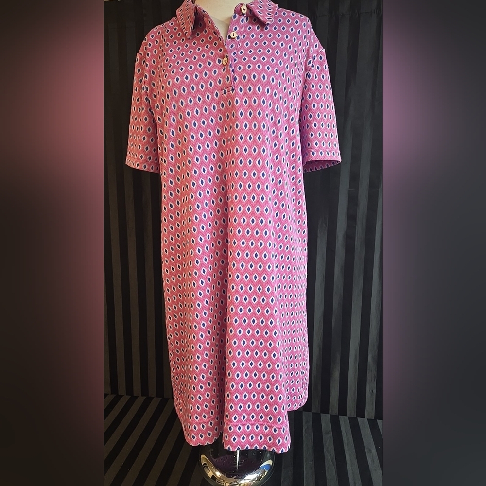 Tyler Boe Size Large Polo Style Collared Short Sleeve Shirt Dress Diamond Print